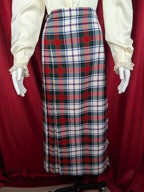 Vintage Clan Laird Made in Scotland White, Green, Blue, & Red Tartan Plaid Kilt